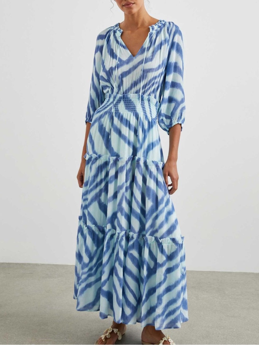 Rails Caterine Maxi Dress Size S Blue Striped Ruffles Cinched Waist Puff Sleeve